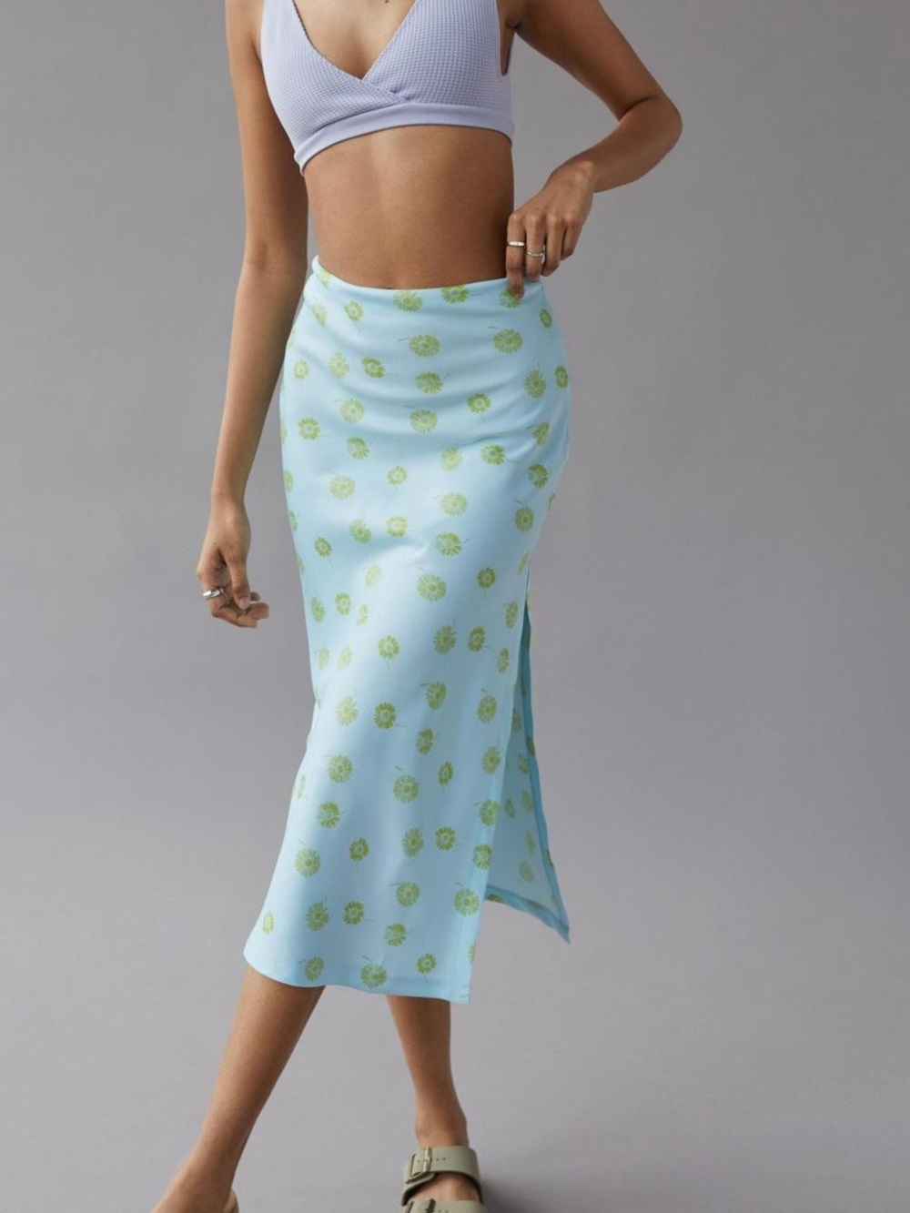 Urban Outfitters Light Blue Midi Skirt with Green Floral Print